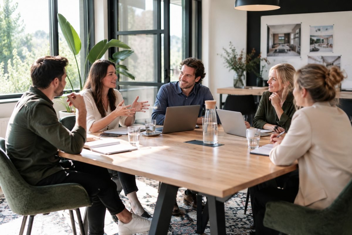 Vijf collega's in overleg aan een grote tafel bij het raam