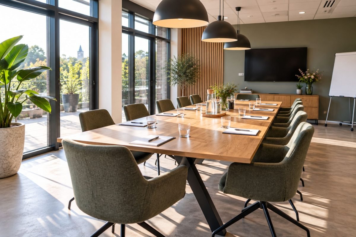 Lege vergaderruimte met lange tafel en uitzicht op groen