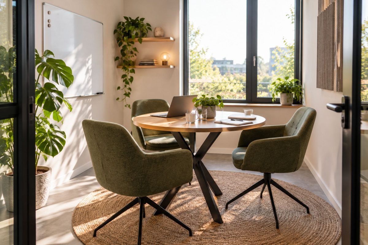 Kleine overlegruimte met ronde tafel voor vier personen