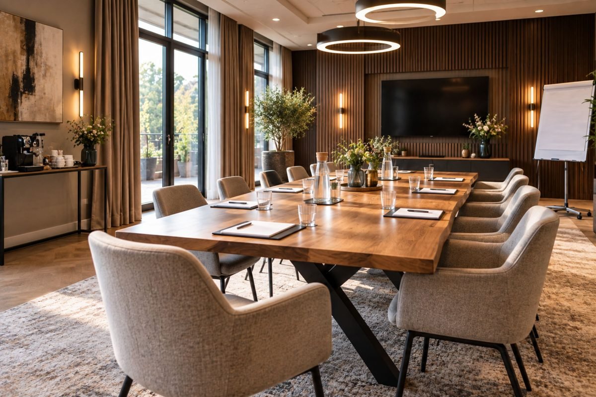 Sfeervolle vergaderzaal met houten wand en warme verlichting