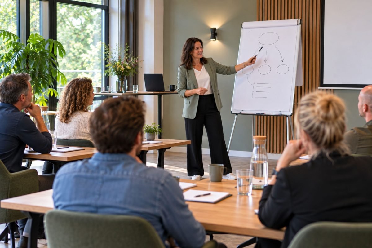 Trainer bij een flipover voor een groep cursisten