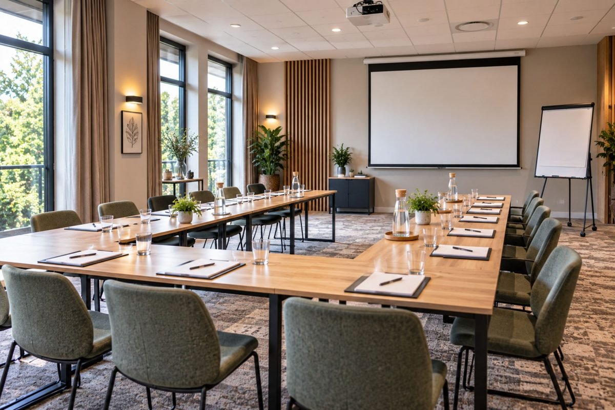 Lege trainingsruimte in cursusopstelling met scherm