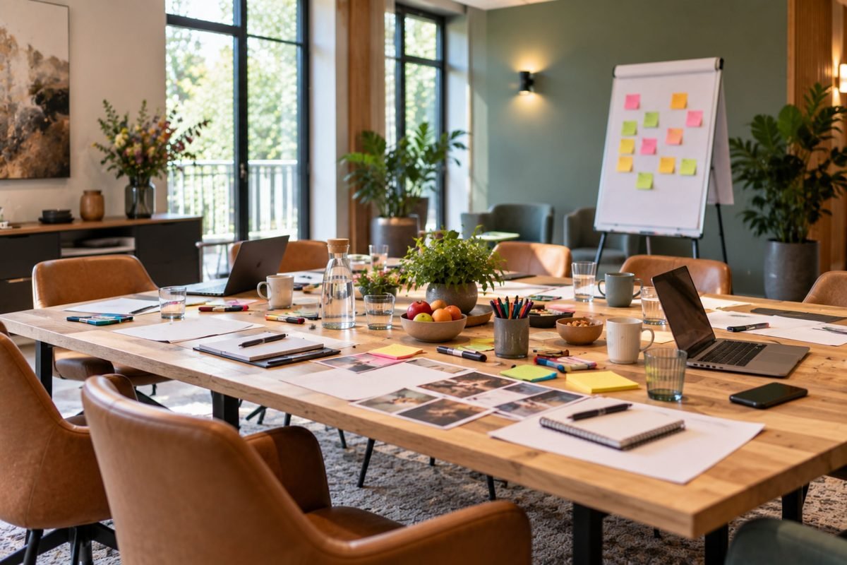 Werktafel met materiaal en post-its tijdens een workshop