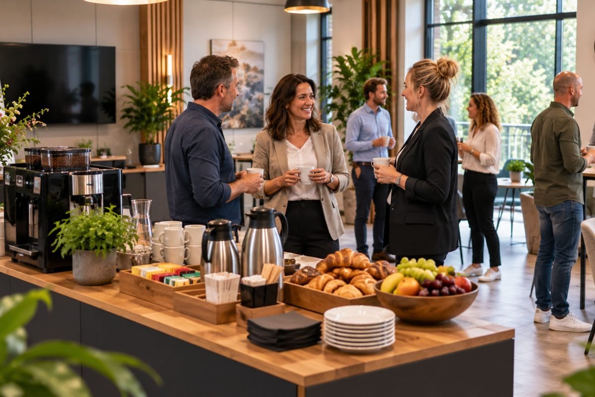 Koffiepauze bij het buffet met deelnemers in gesprek