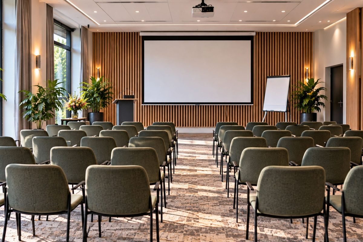 Zaal in theateropstelling met stoelenrijen en projectiescherm