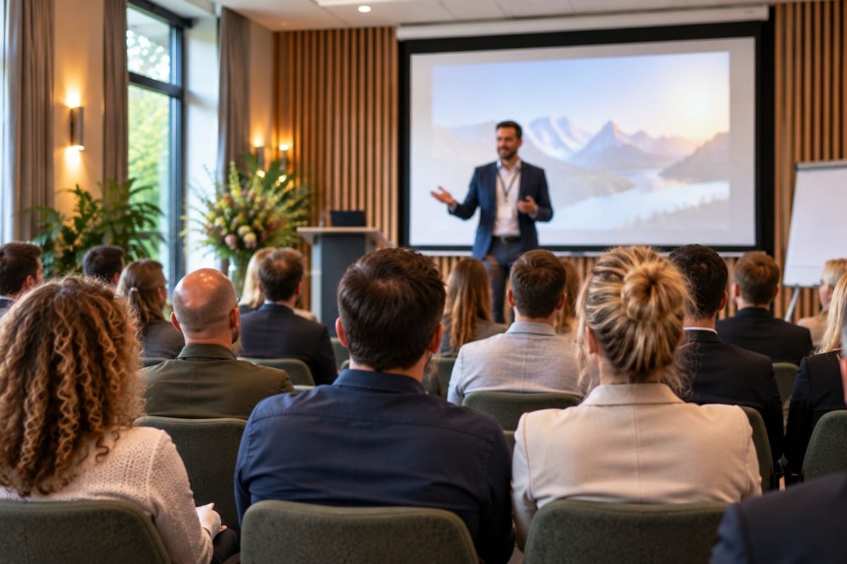 Spreker op het podium gezien vanuit een volle zaal