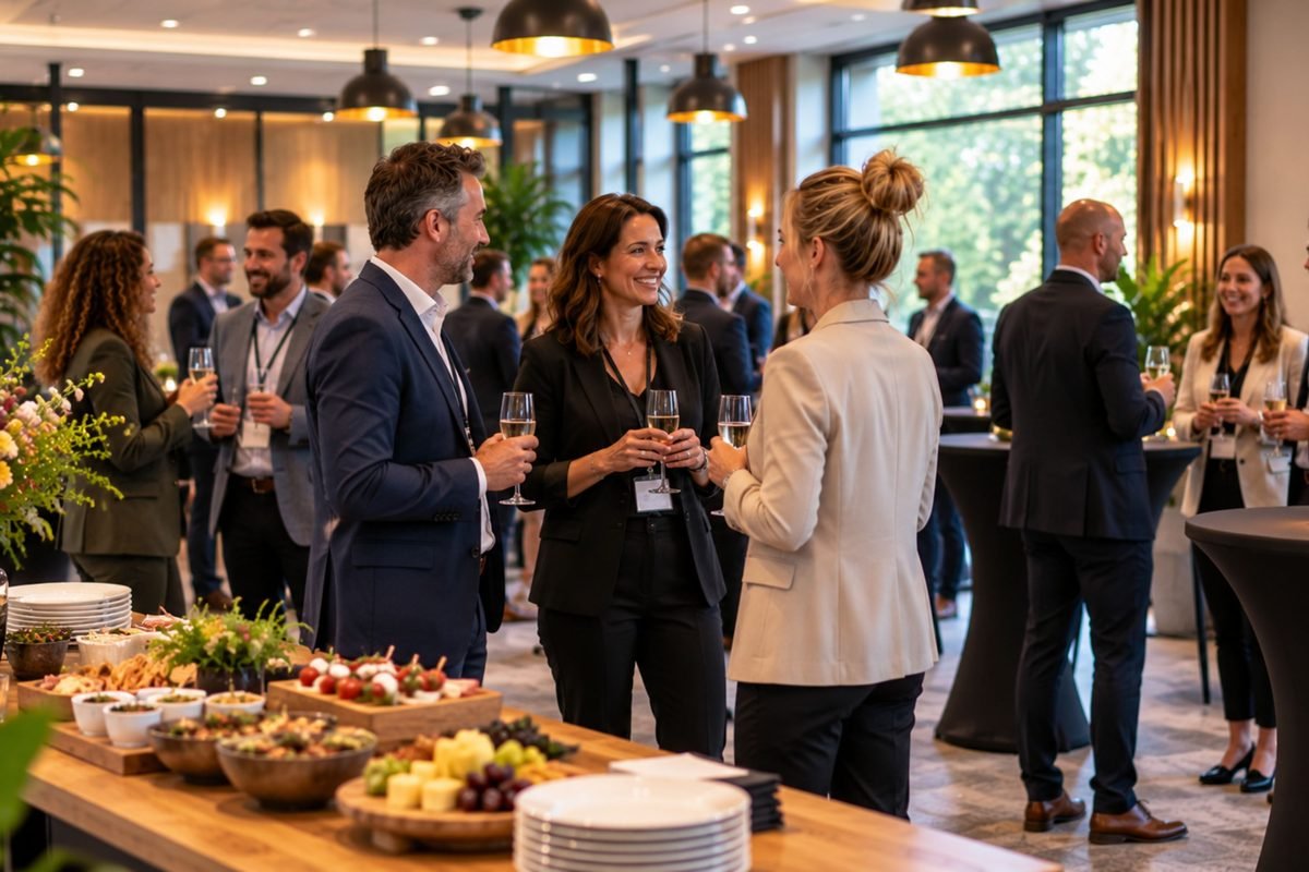 Netwerkborrel met statafels, hapjes en gesprekken
