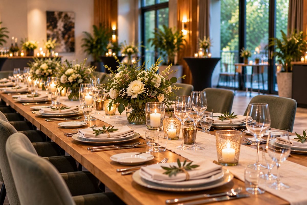 Feestelijk gedekte lange tafel met bloemen en kaarsen