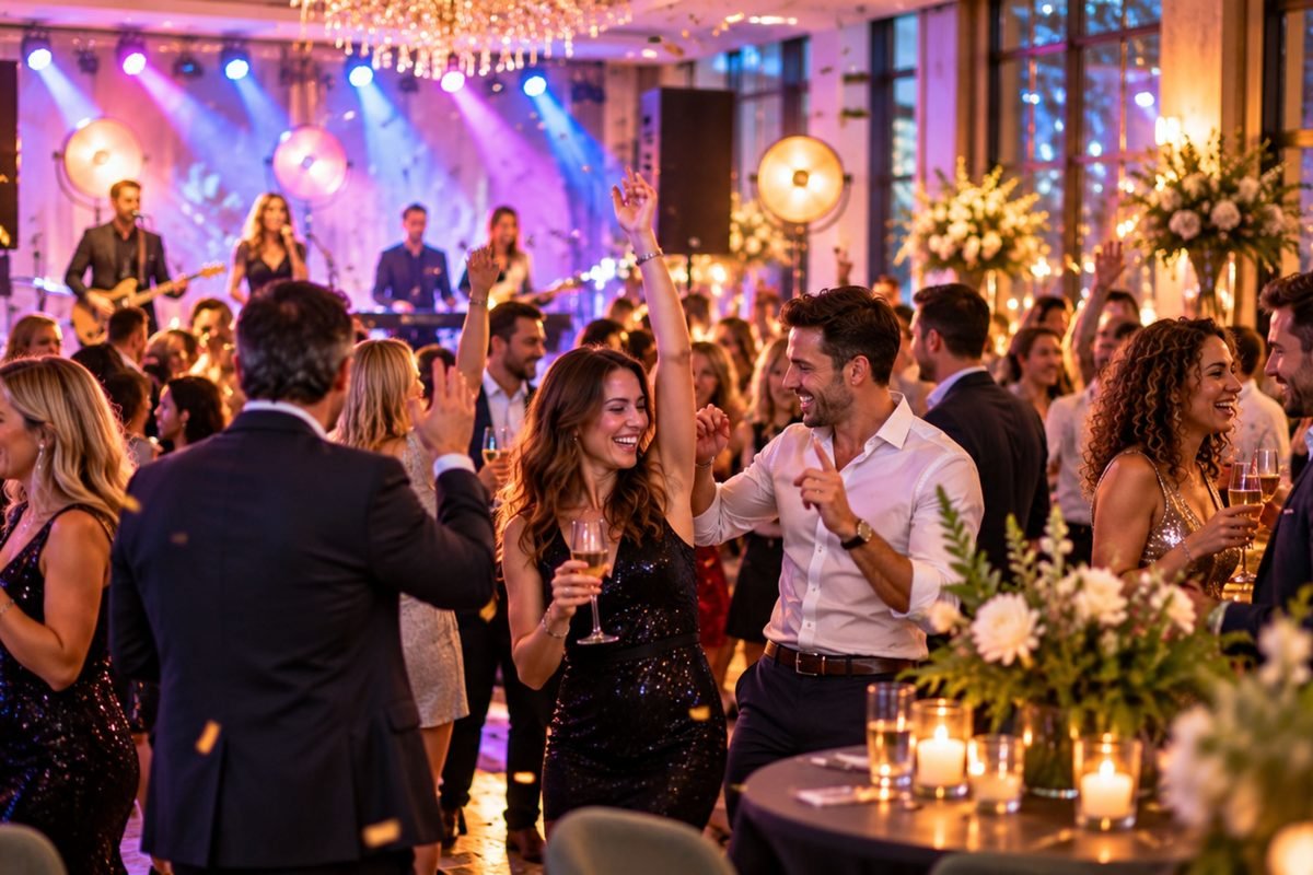 Dansende gasten voor een live band tijdens een feest