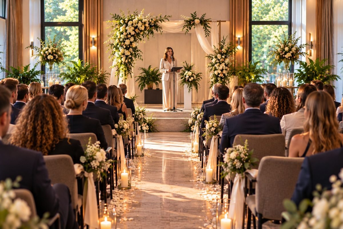 Ceremonie met bloemenboog en gasten in een lichte zaal