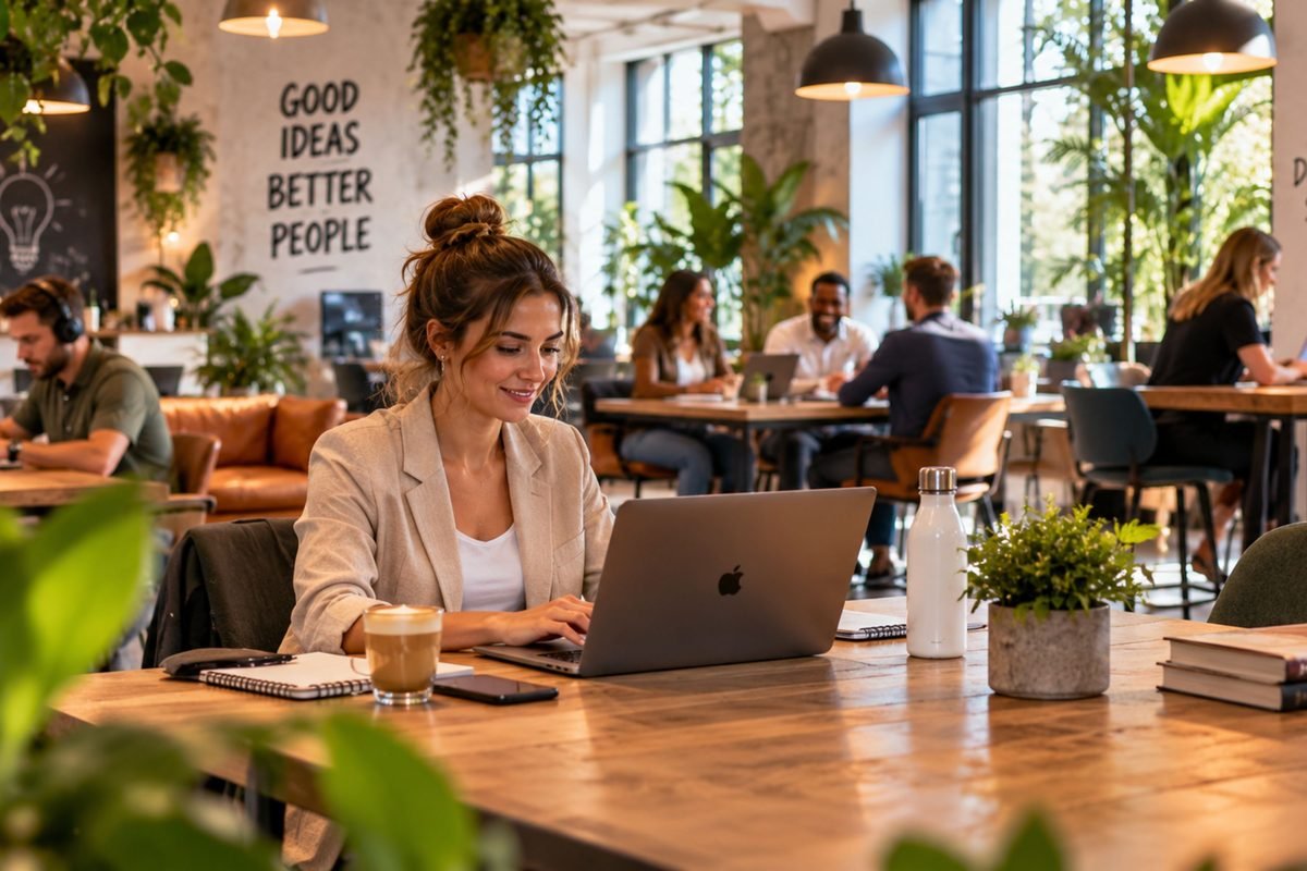 Vrouw werkt op een laptop aan een grote gedeelde werktafel