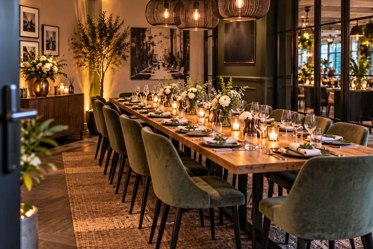Apart zaaltje bij een restaurant met een lange gedekte tafel