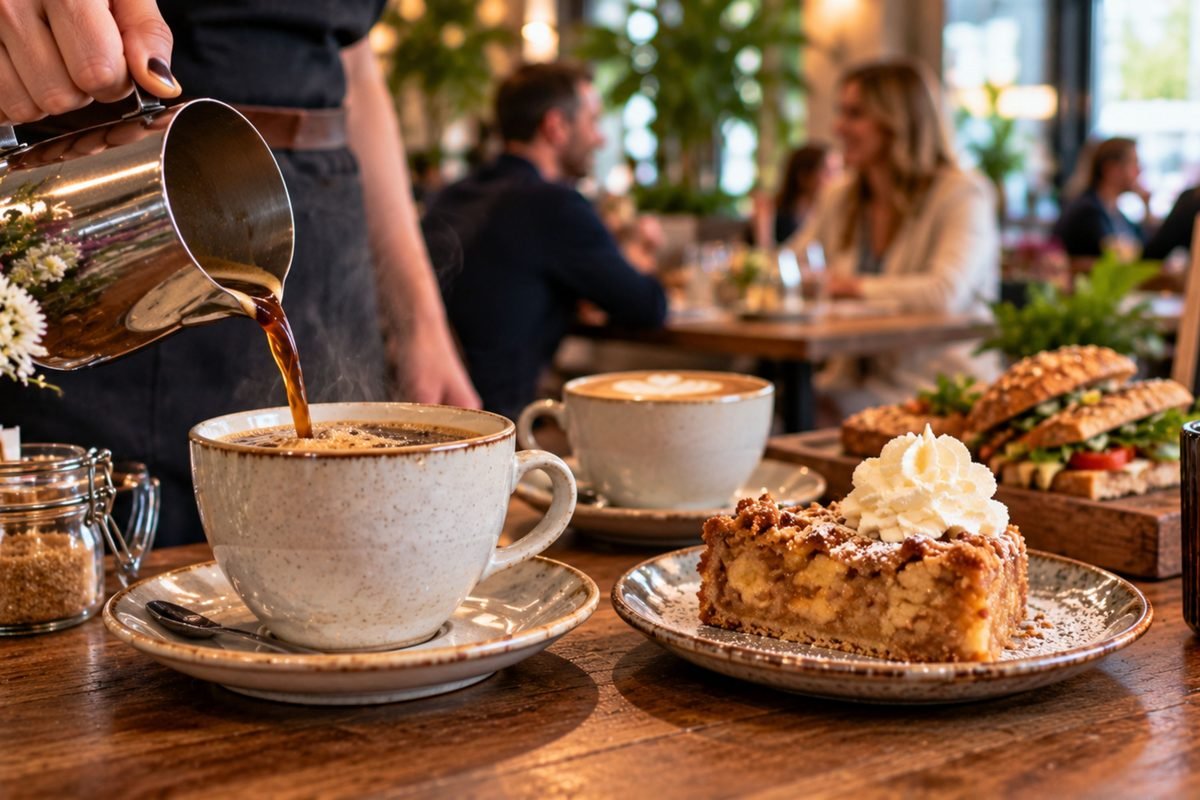 Kopje koffie wordt ingeschonken naast gebak