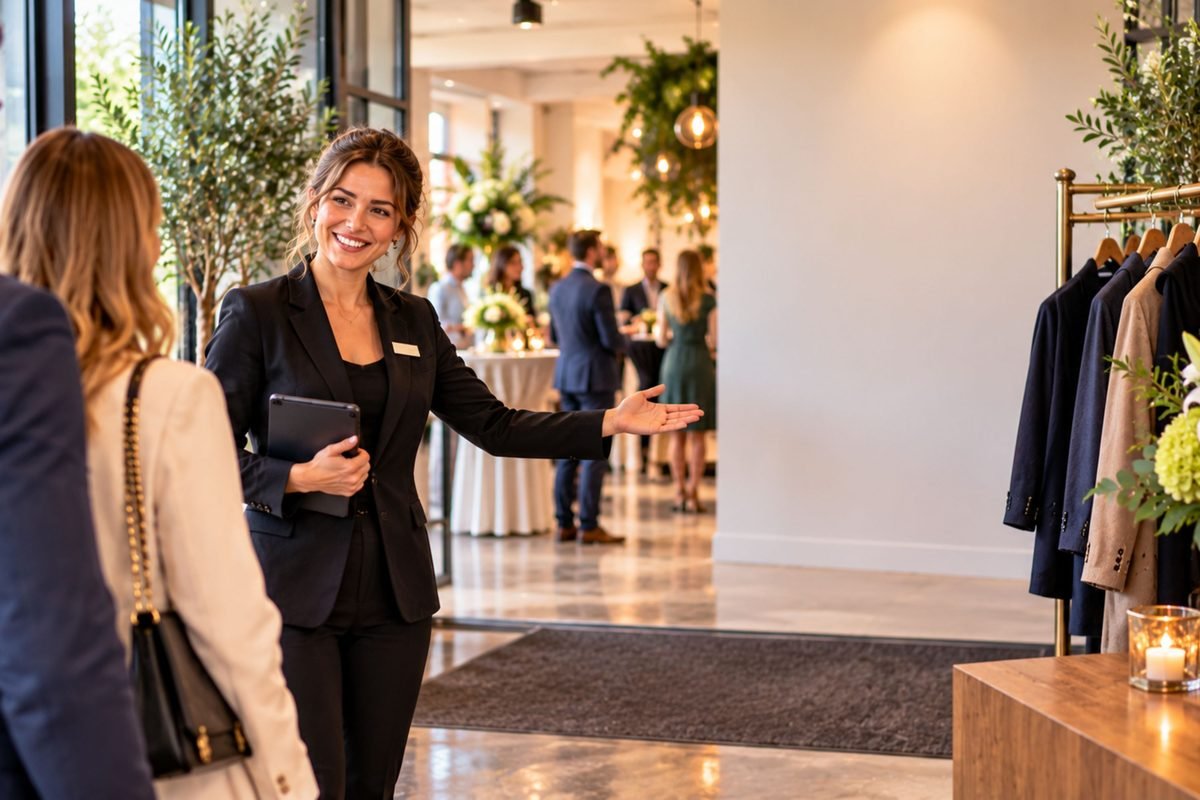 Gastvrouw verwelkomt een bezoeker bij de ingang