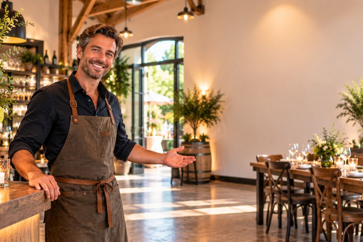 Eigenaar met schort in zijn eigen zaal