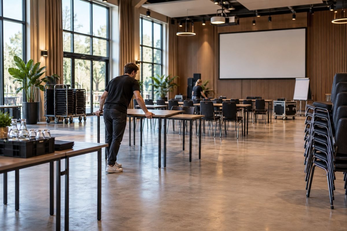 Iemand die tafels en stoelen klaarzet in een lege zaal