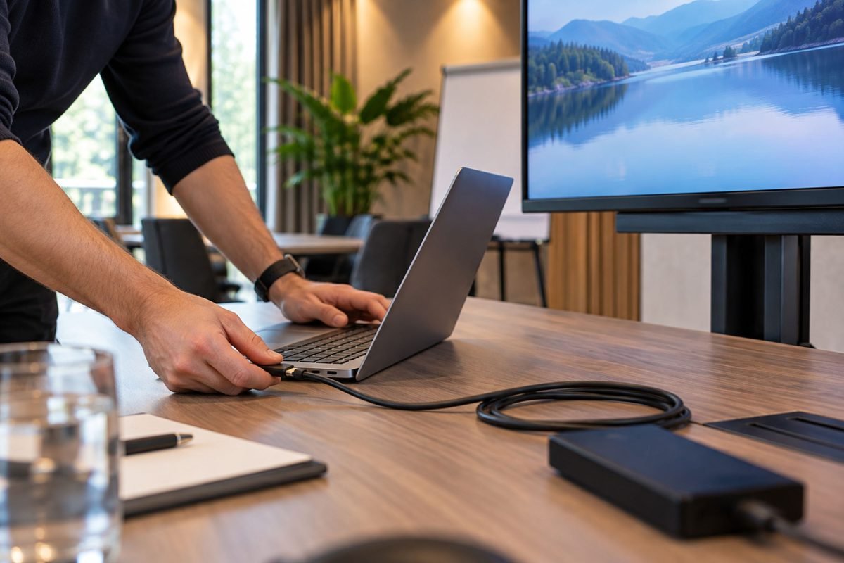 Handen die een laptop met een kabel aansluiten op een groot scherm
