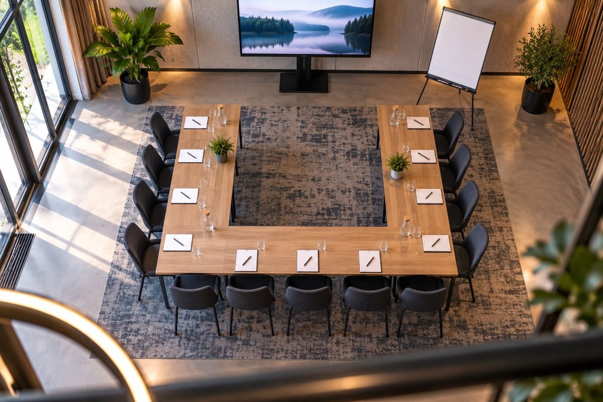 Een carre-opstelling van tafels en stoelen, van bovenaf gezien