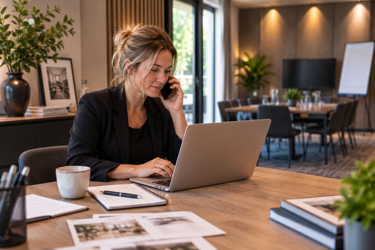 Vrouw die aan de telefoon zit en tegelijk op haar laptop werkt
