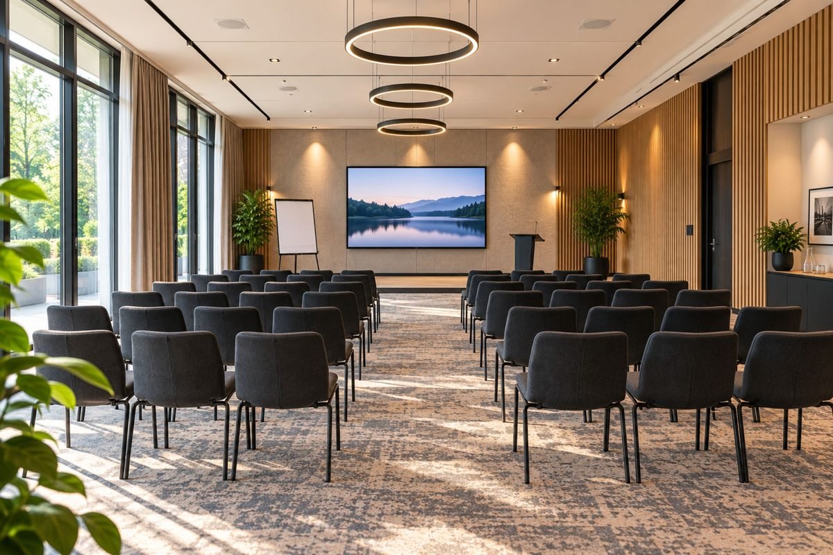 Een zaal in theateropstelling, helemaal leeg