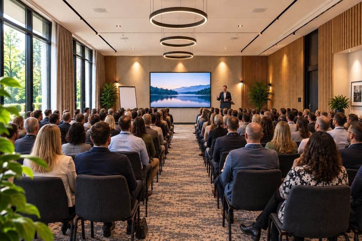 Dezelfde zaal met alle stoelen bezet tijdens een bijeenkomst