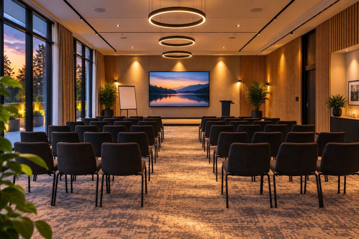 Een zaal in avondlicht met lampen aan