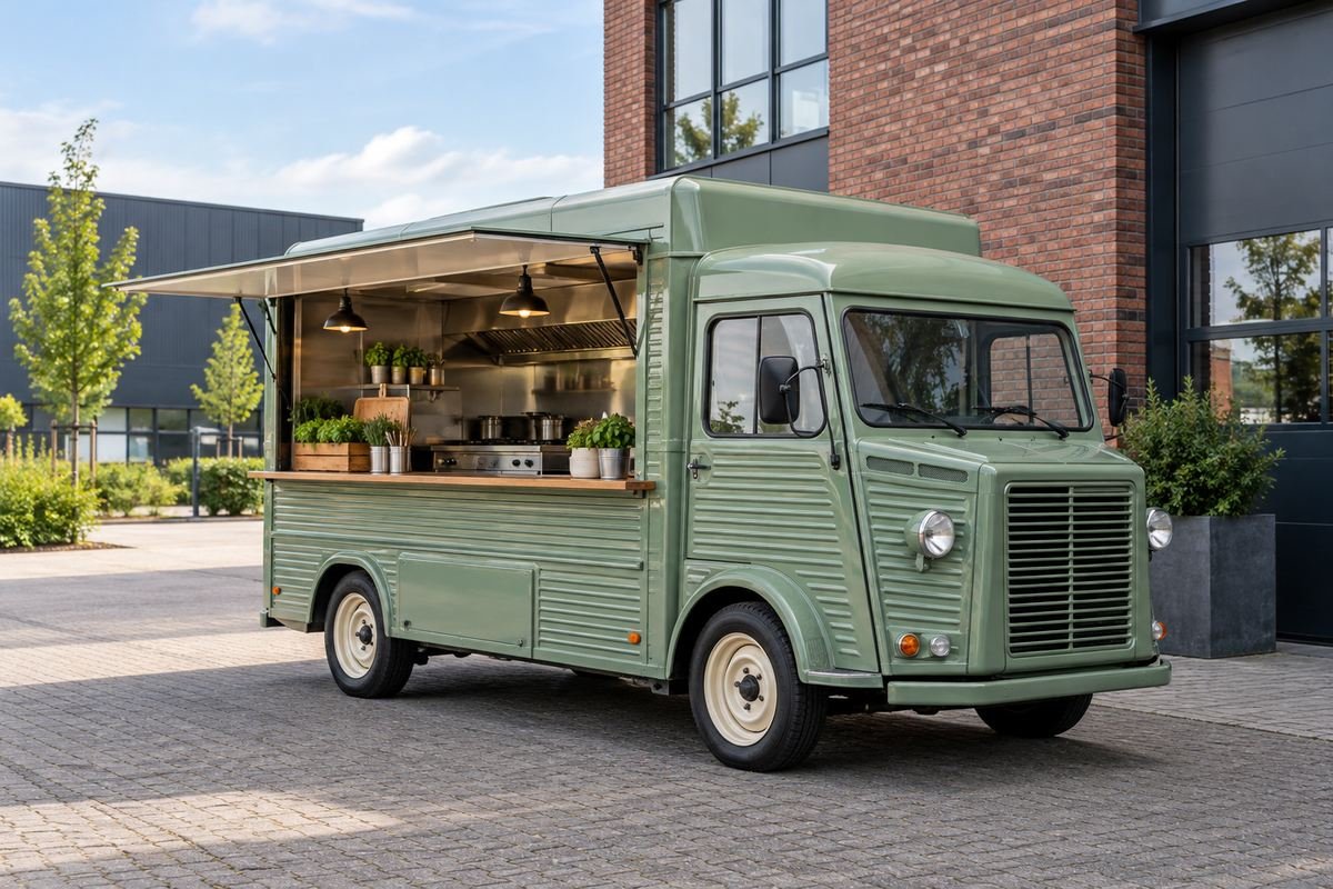 Een groene foodtruck met open luik voor een bedrijfspand
