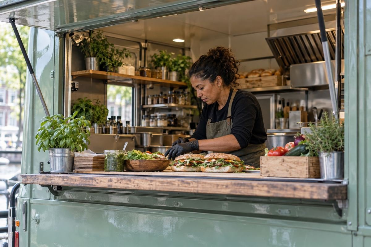 Vrouw die in haar foodtruck broodjes klaarmaakt achter het open luik