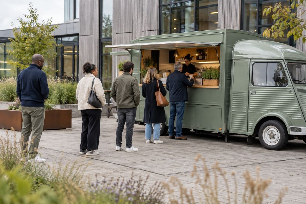 Vijf mensen die staan te wachten bij een foodtruck op een plein