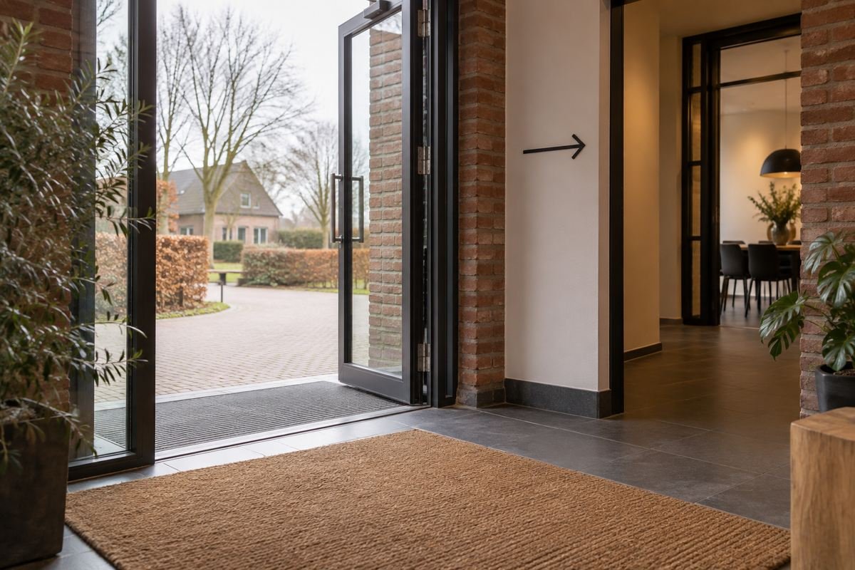 Open entreedeur met een pijl op de muur die naar de zalen wijst