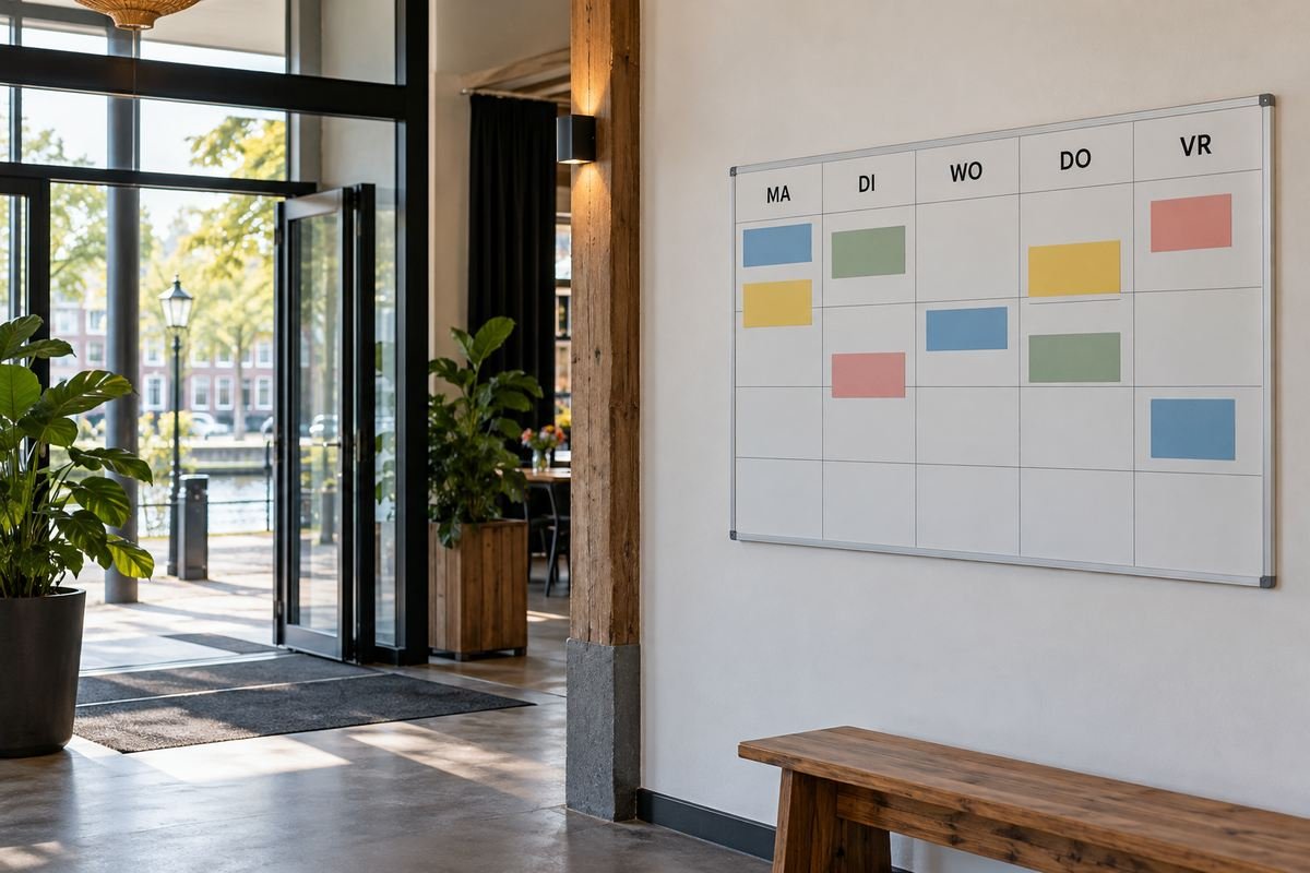 Planbord met de vijf werkdagen en gekleurde kaartjes, bij de ingang
