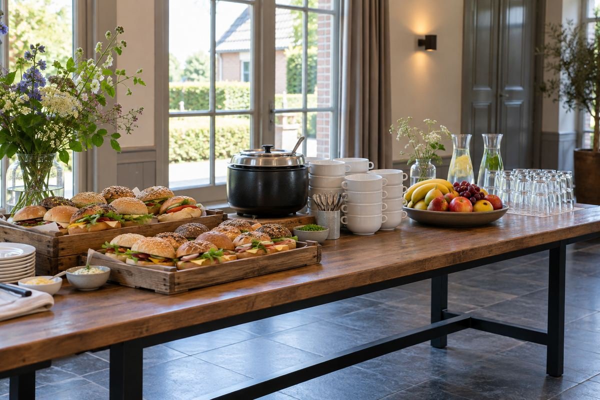 Lunch op een lange tafel met broodjes, soep, fruit en karaffen water