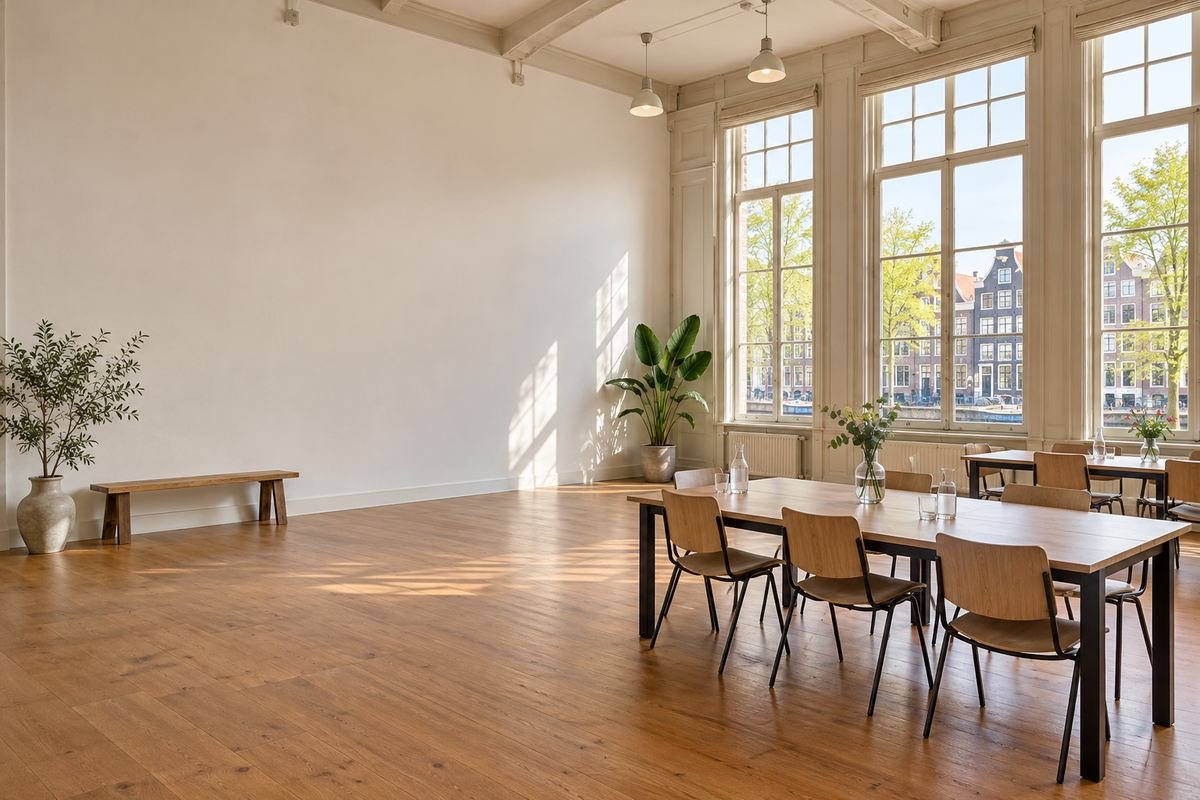 Een lichte zaal bij daglicht met hoge ramen en een lege wand